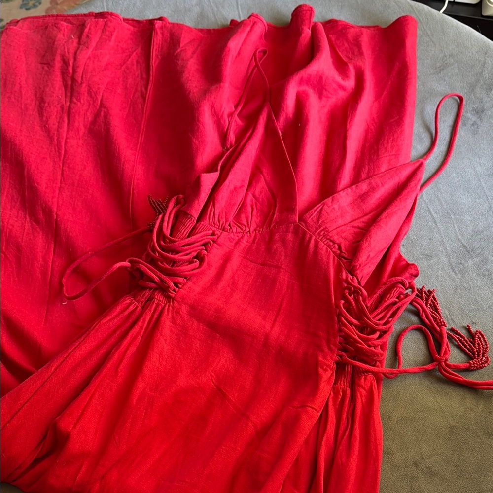 FARM Rio Red Midi Dress with Side Lace-Up